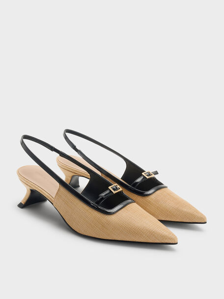 Woven Buckle-Strap Slingback Pumps, Natural, hi-res