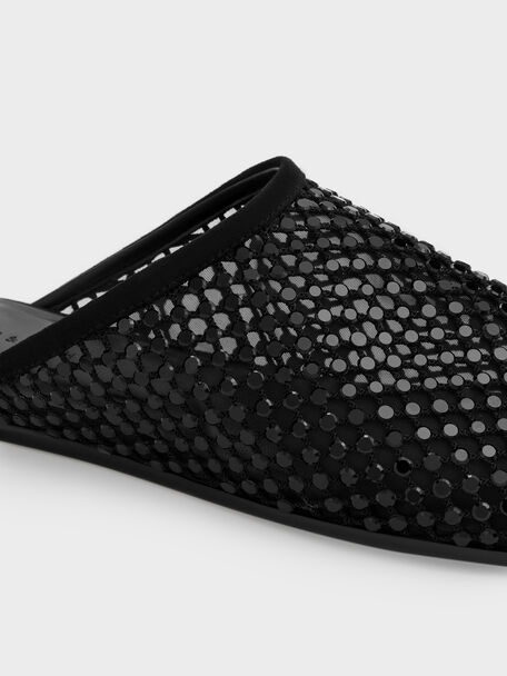 Maggie Mesh Crystal Flat Mules, Black Textured, hi-res