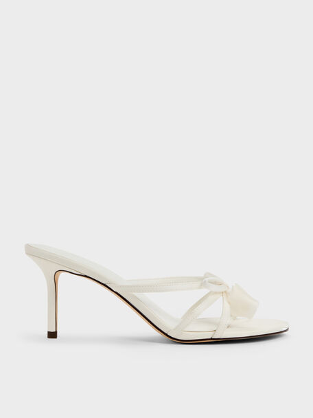 Bow Flower-Pearl Heeled Mules, White, hi-res