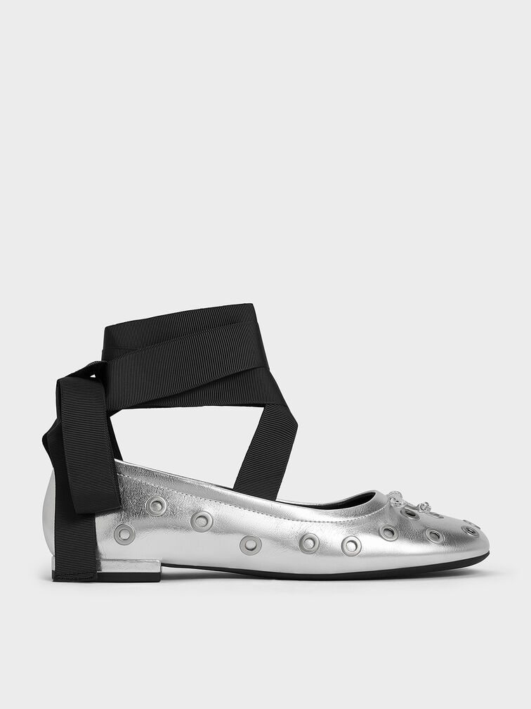 Margot Metallic Grommet Tie-Around Ballet Flats, Silver, hi-res