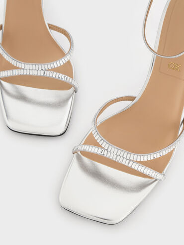 Metallic Leather & Satin Crystal-Embellished Ankle-Strap Sandals, Silver, hi-res