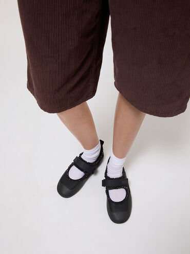 Mesh Pearl-Embellished Mary Jane Sneakers, Black Textured, hi-res