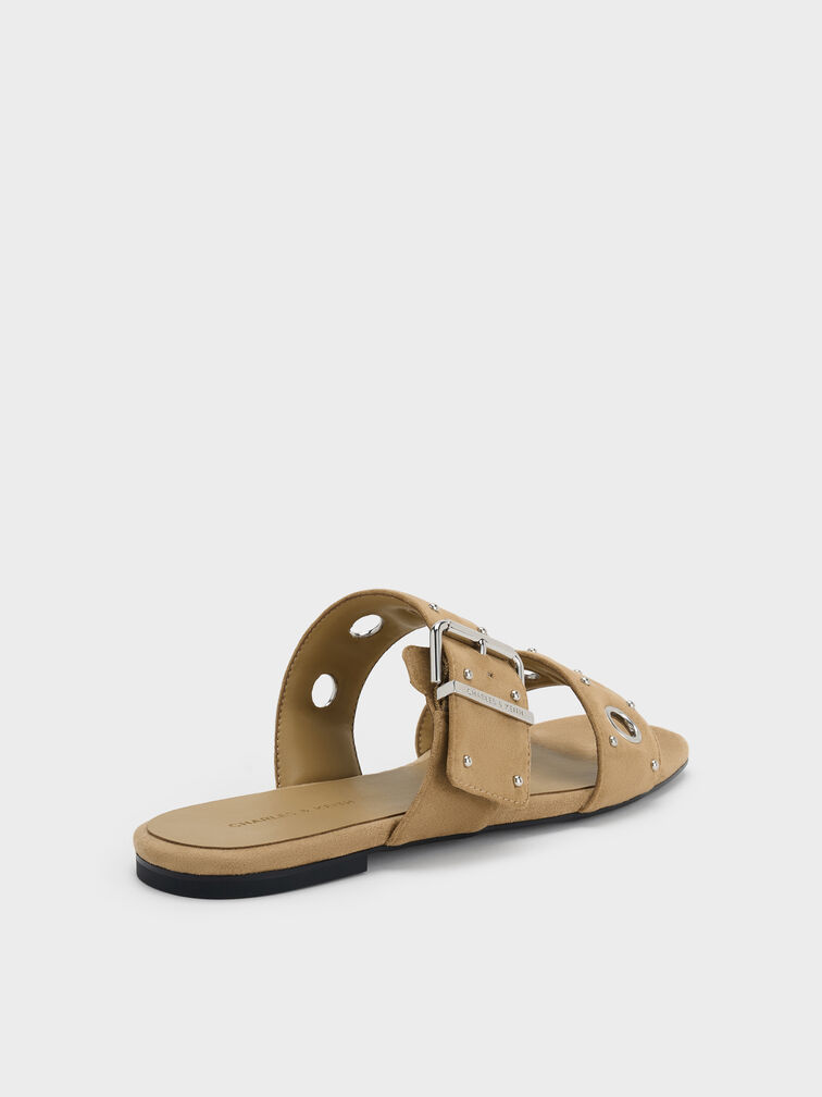 Faux Suede Grommet Buckled Slides, Sand, hi-res