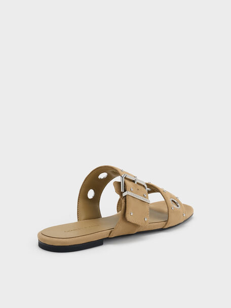 Faux Suede Grommet Buckled Slides, Sand, hi-res