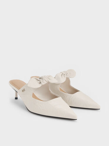 Jayce Crinkle-Effect Leather Knot-Bow Kitten-Heel Mules, White, hi-res