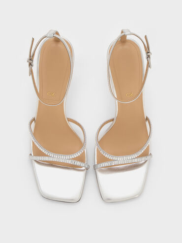 Metallic Leather & Satin Crystal-Embellished Ankle-Strap Sandals, Silver, hi-res