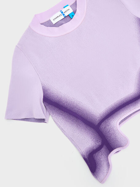 Recycled Polyester Knitted Gradient Wave-Hem Crop Top, Lilac, hi-res