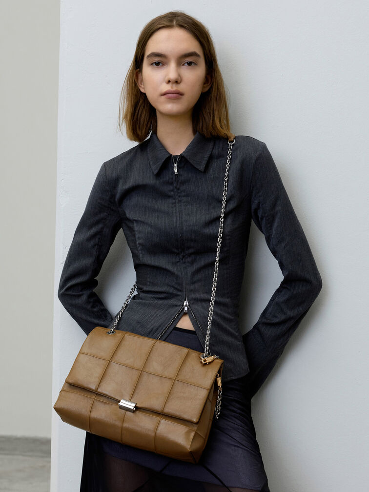 Large Delfina Quilted Chain-Strap Shoulder Bag, Walnut Brown, hi-res