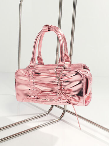 Kadee Metallic Ruched Bow-Charm Bowling Bag, Aura Pink, hi-res