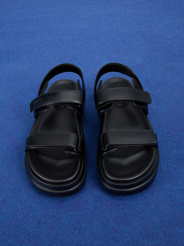 Double-Strap Ridged-Sole Flatform Sandals, Black, hi-res