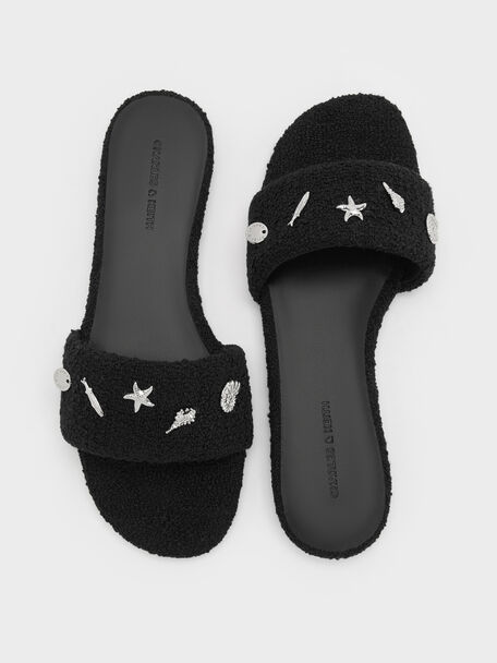 Tweed Beach Slide Sandals, Black Textured, hi-res
