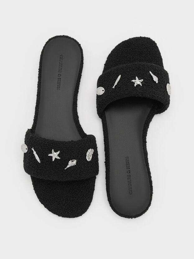 Tweed Beach Slide Sandals, Black Textured, hi-res