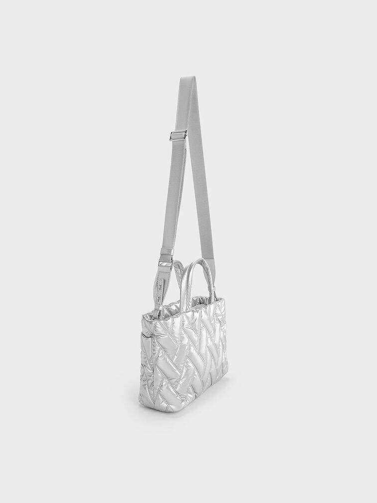 Nylon Chevron Boxy Tote Bag, Silver, hi-res