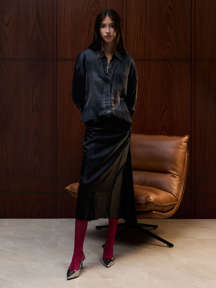 Kaia Metallic Pointed-Toe Slingback Pumps, Pewter, hi-res