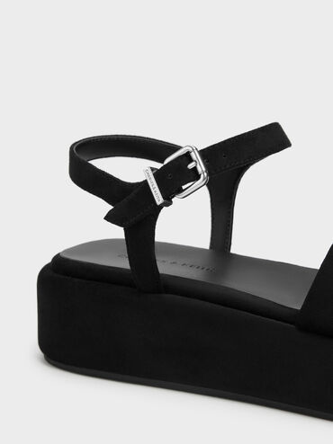Faux Suede Ankle-Strap Flatform Sandals, Black Textured, hi-res