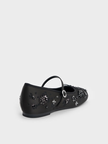 Sadira Satin Embroidered Sequinned Mary Jane Flats, Black Textured, hi-res