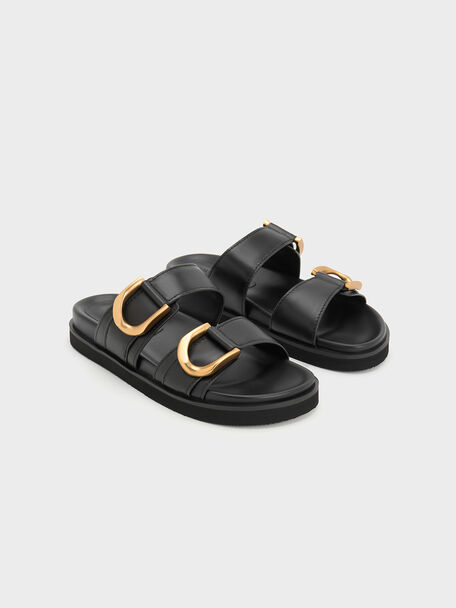 Gabine Gold-Buckle Leather Slides, Black, hi-res