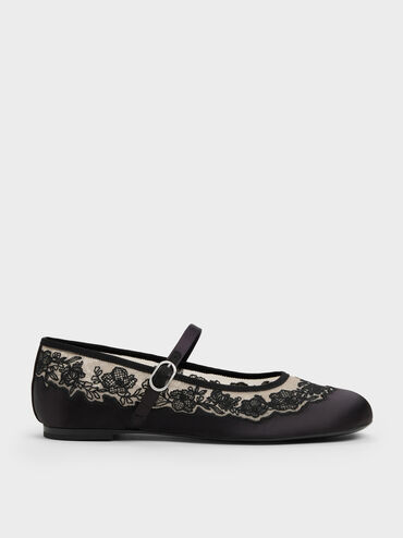 Satin Embroidered-Mesh Mary Jane Flats, Black Textured, hi-res