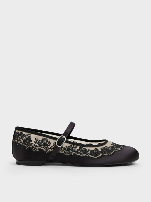 Satin Embroidered-Mesh Mary Jane Flats, Black Textured, hi-res