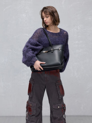 Arlet Double-Handle Belted Tote bag, Black, hi-res