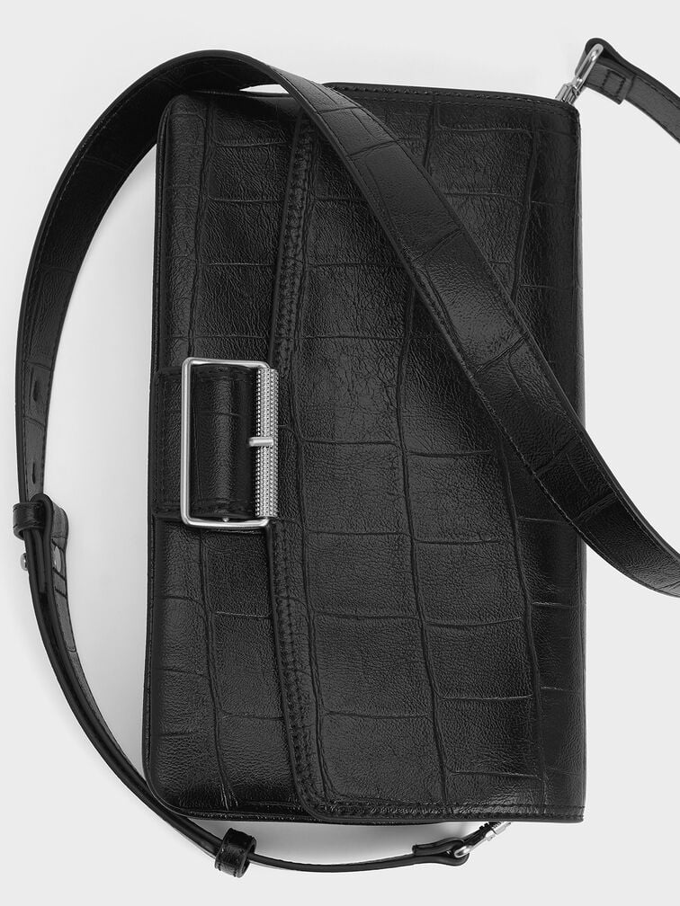 Liv Croc-Effect Grommet Chain-Handle Shoulder Bag, Noir, hi-res