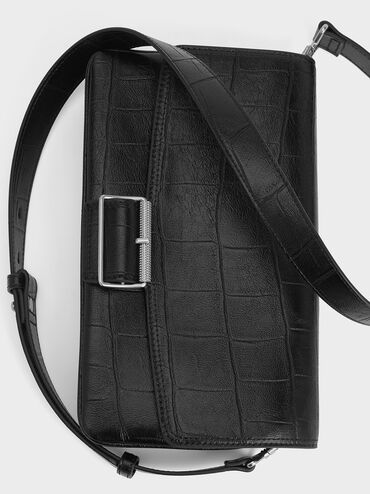 Liv Croc-Effect Grommet Chain-Handle Shoulder Bag, Noir, hi-res