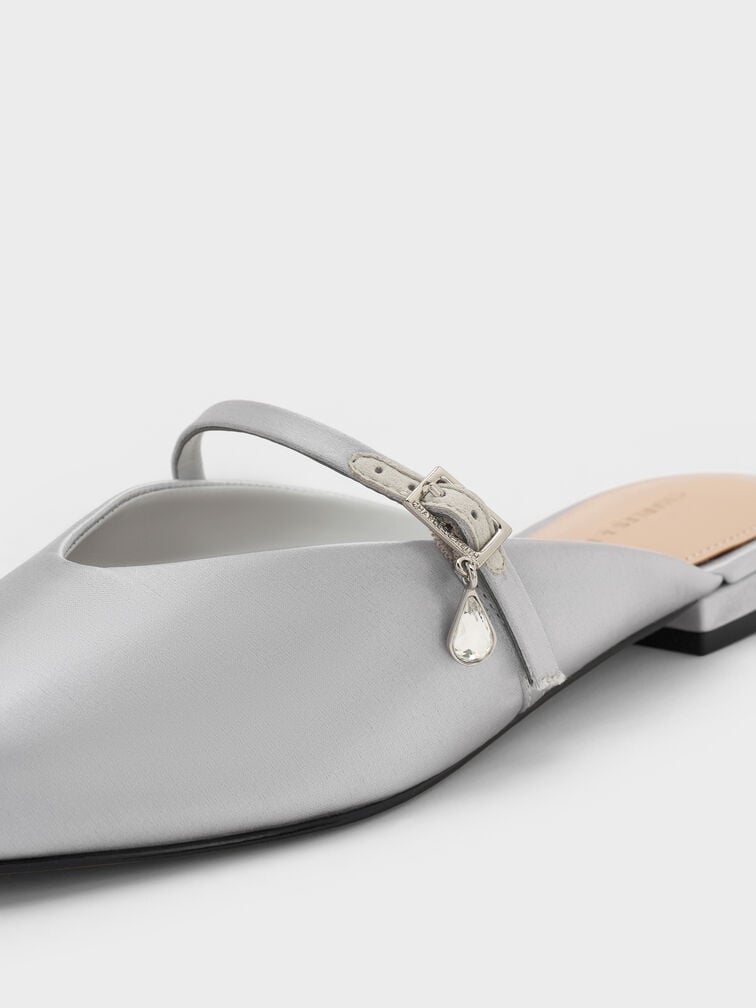 Satin Teardrop-Crystal Flat Mules, Silver, hi-res