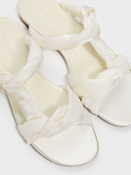 Ruched-Strap Slide Sandals, White, hi-res