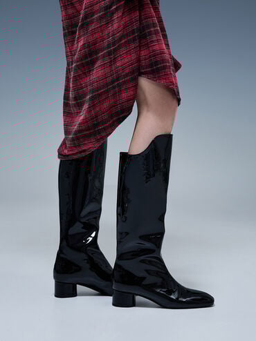 Patent Elongated Square-Toe Knee-High Boots, Black Patent, hi-res