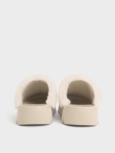 Hannah Textured Fur-Trim Buckled Mules, Beige, hi-res