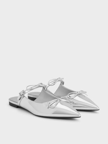 Metallic Double-Bow Pointed-Toe Mules, Silver, hi-res