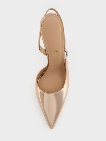 Metallic Leather Crystal-Buckle Slingback Pumps, Bronze, hi-res