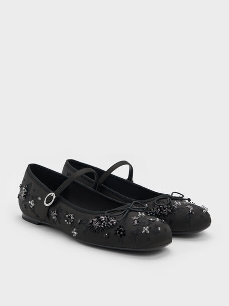 Sadira Satin Embroidered Sequinned Mary Jane Flats, Black Textured, hi-res