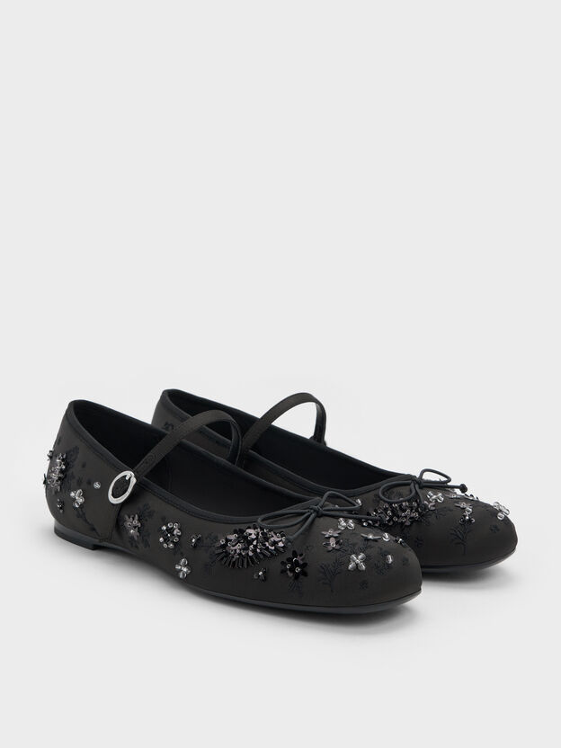 Sadira Satin Embroidered Sequinned Mary Jane Flats, Black Textured, hi-res