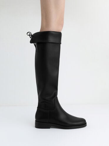 Fold-Over Back-Tie Thigh-High Boots, Black, hi-res