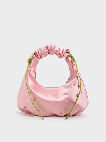 Mabel Satin Floral-Vine Hobo Bag, Pink, hi-res
