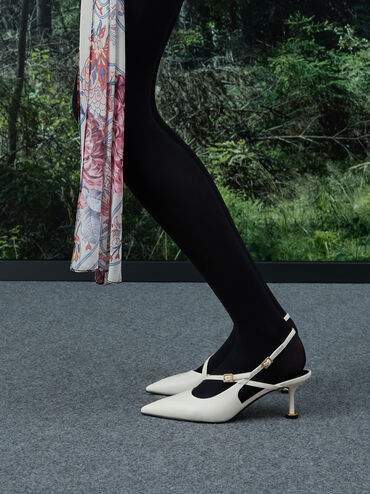 Wynn Buckled Sculptural-Heel Slingback Pumps, White, hi-res