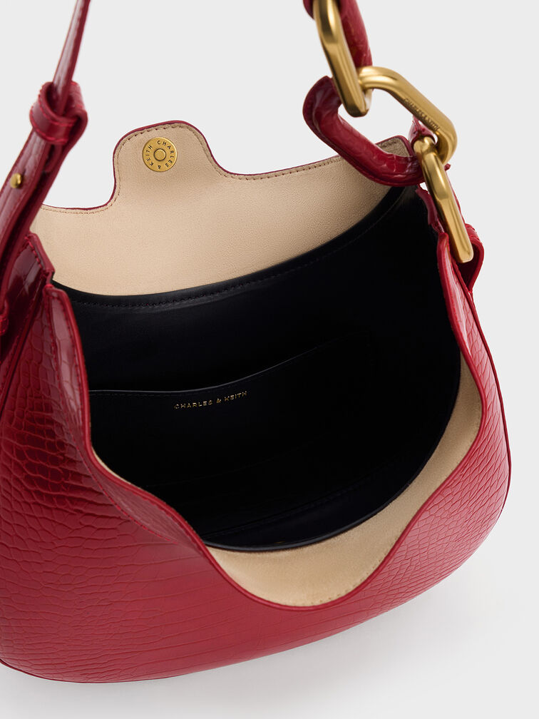 Kora Croc-Effect Metallic-Accent Moon Bag, Crimson, hi-res