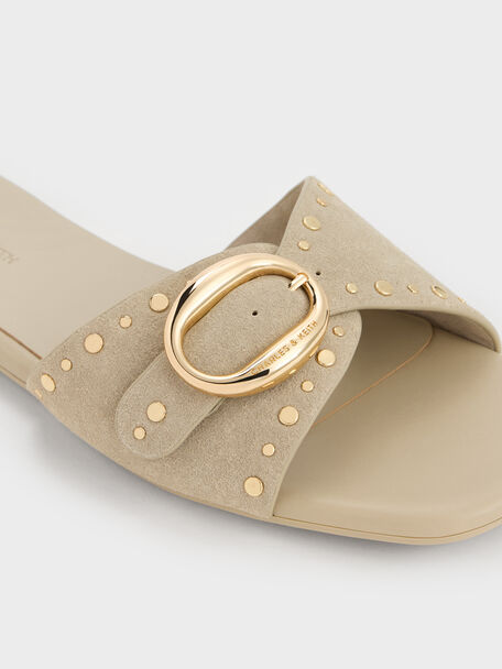 Studded Buckled Slide Sandals, Beige, hi-res