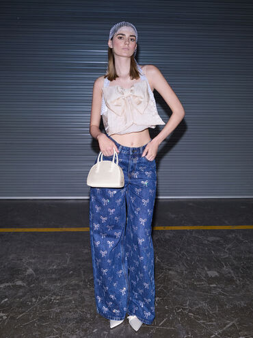 Leather Half-Moon Bowling Bag, White, hi-res