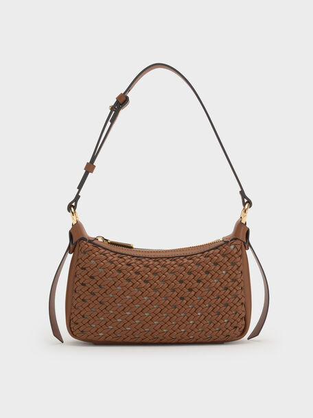 Mini Calla Woven Shoulder Bag, Chocolate, hi-res
