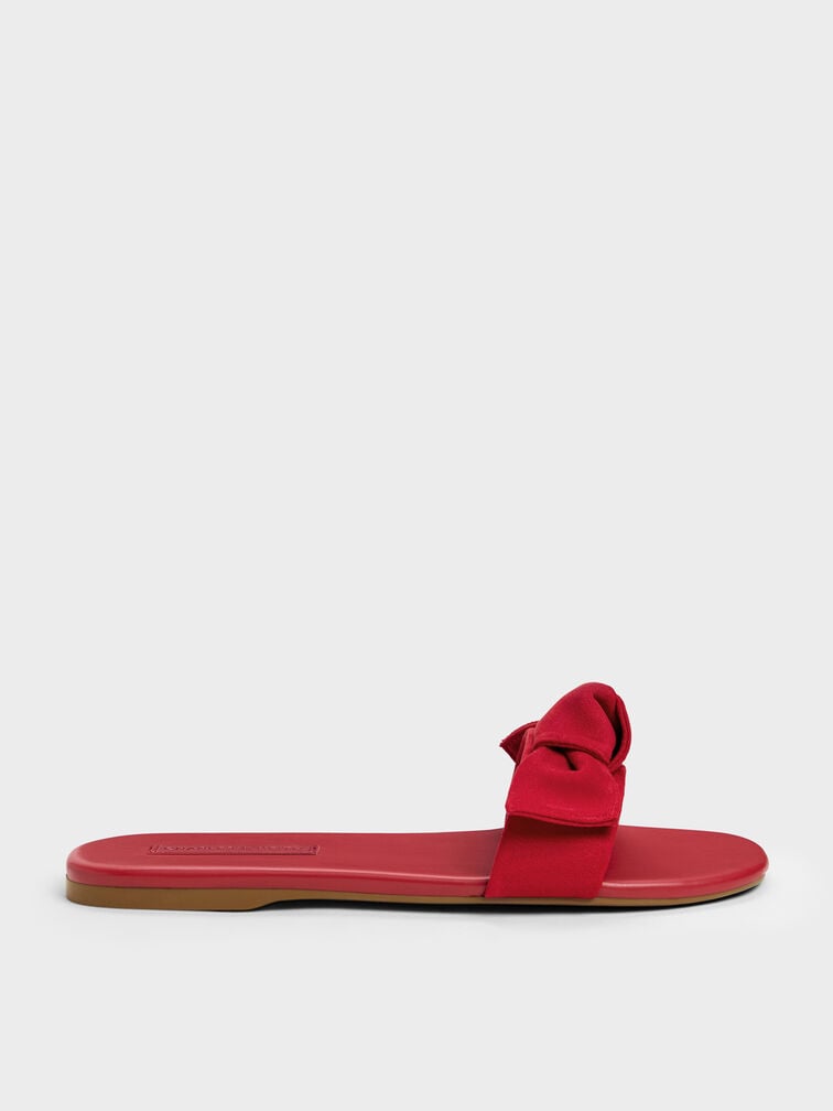 Anika Faux Suede Knot-Bow Slide Sandals, Red, hi-res