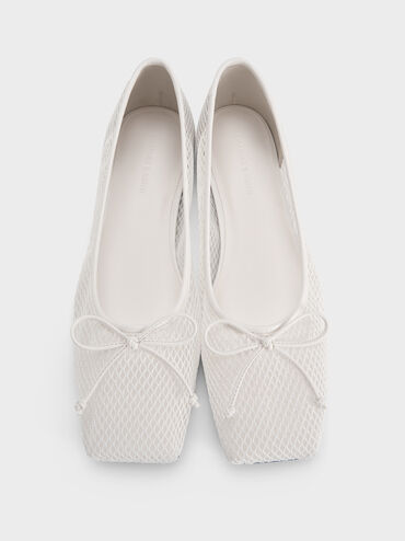 Mesh Square-Toe Bow Ballet Flats, White, hi-res