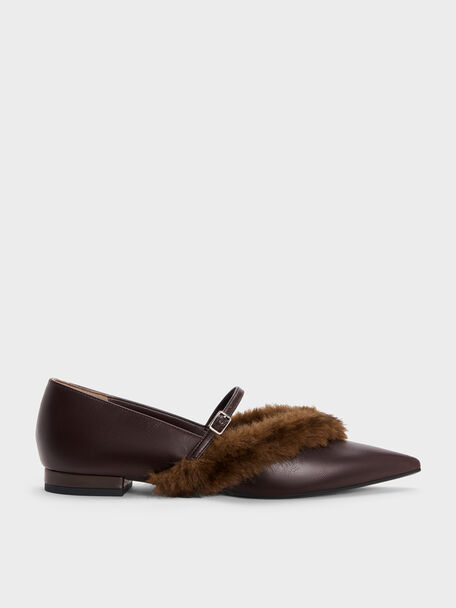 Emila Fur-Trim Pointed Mary Janes, Dark Brown, hi-res