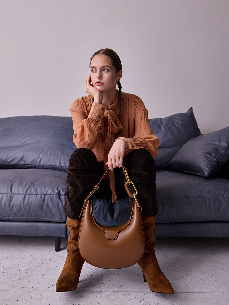 Kora Metallic-Accent Moon Bag, Chocolate, hi-res