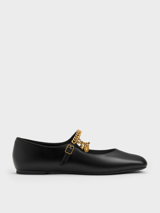 Double-Chain Charm Mary Jane Flats, Black, hi-res