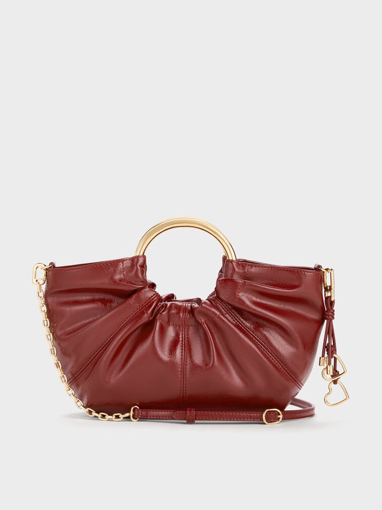 Ciara Ruched Metal Top Handle Bag, Burgundy, hi-res