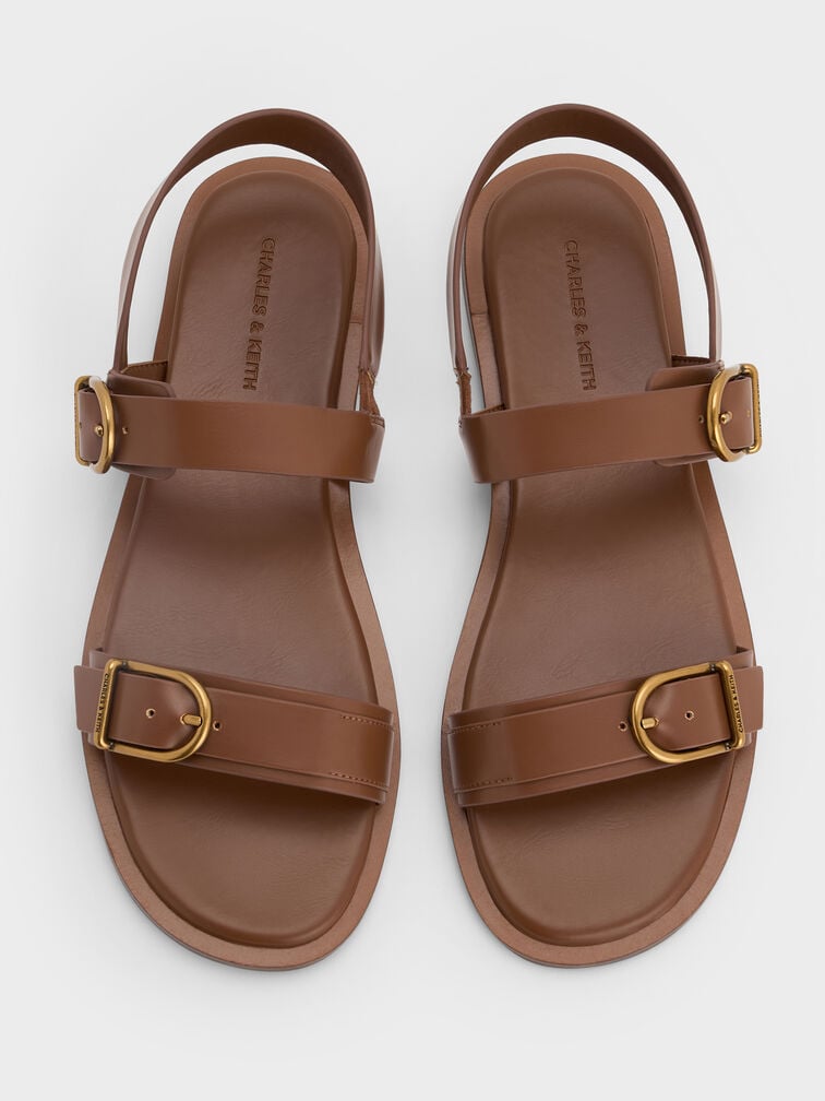 Double Buckle-Strap Slingback Sandals, Brown, hi-res