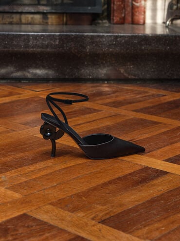 Pointed Flower-Heel Ankle-Strap Pumps, Black Textured, hi-res