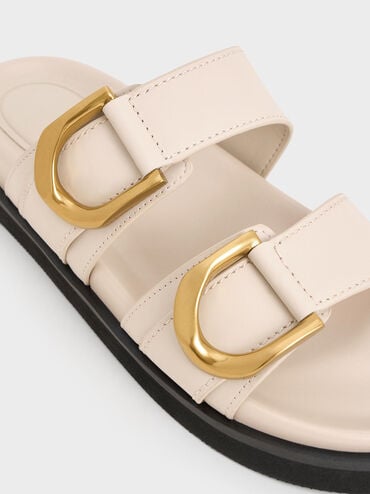 Gabine Gold-Buckle Leather Slides, Oat, hi-res